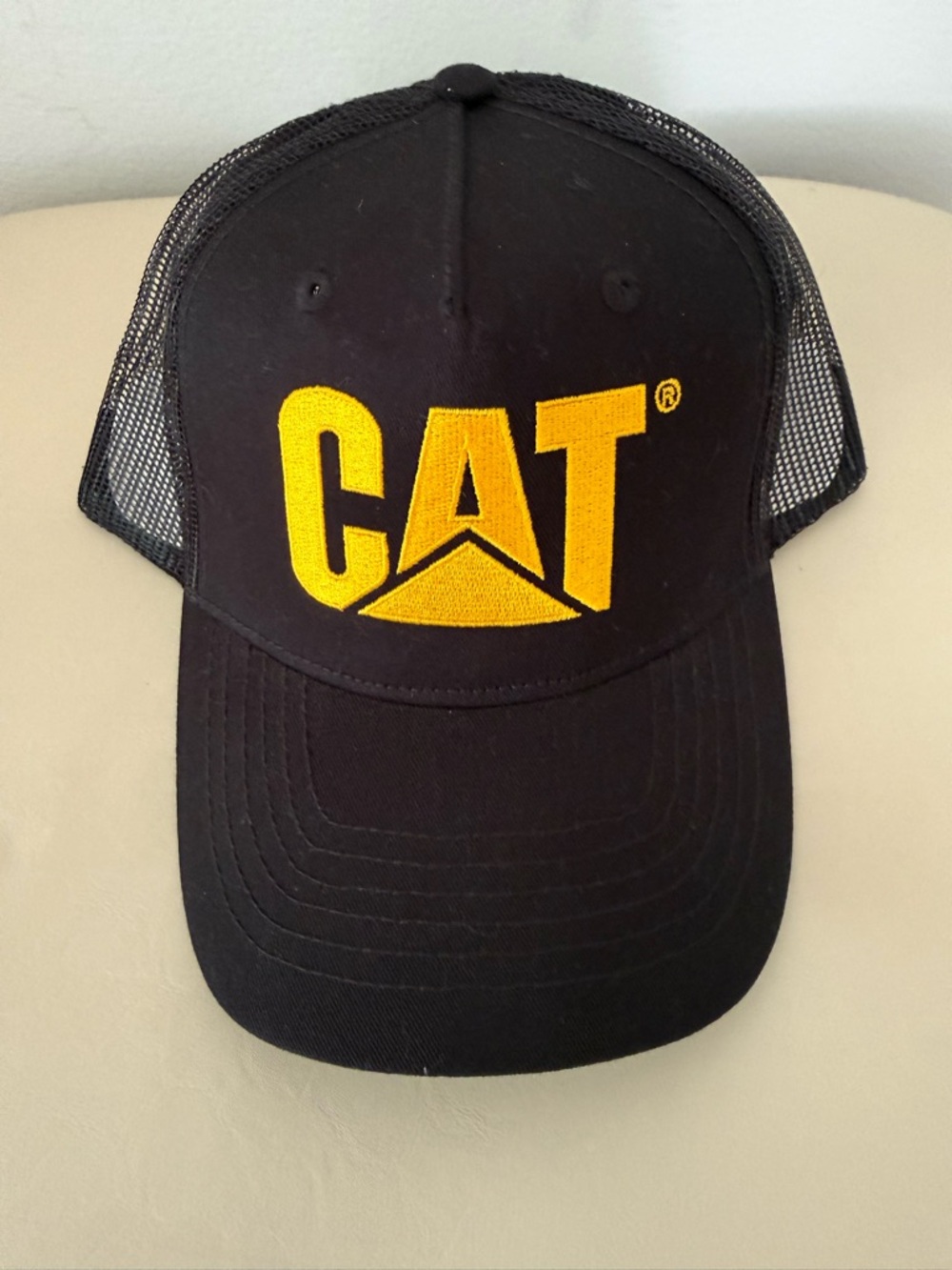 CAT Caterpillar Trucker Hat Black Yellow Logo Snapback Mesh Cap Adjustable